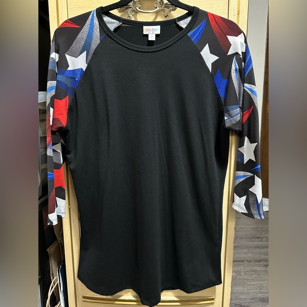 LuLaRoe Women’s Long Sleeve Black Baseball Shirt Top with Red and Blue Stars